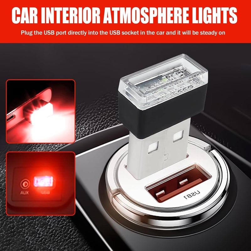 Hbxdeco 4 PCS USB LED Car Interior Atmosphere Lamp, Portable Mini Auto LED Decor Night Light, Plug-in USB Interface Ambient Lighting Kit, Universal Car Interior Accessories(Red) - Image 2